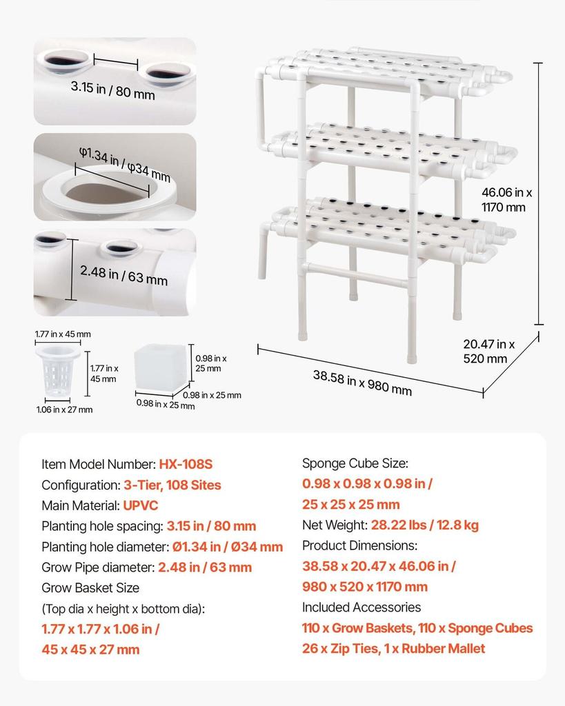 Hydroponics Growing System Kit, 3-Tier 108 Sites UPVC Pipe Hydroponic Grow Kit with Timed Irrigation, Sun & Light Blocking Pipes, Indoor Home Garden