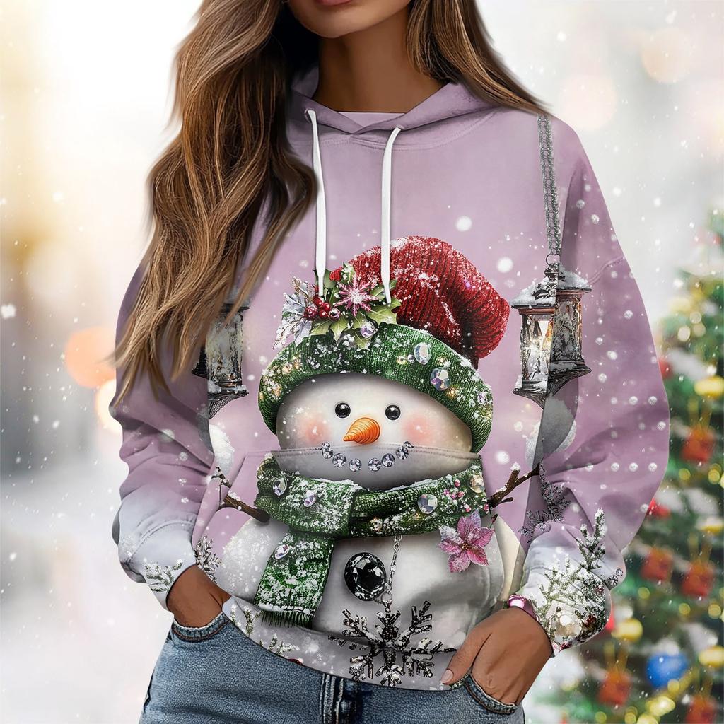 Женская повседневная свободная толстовка с капюшоном и длинным рукавом с рождественским принтом на завязках