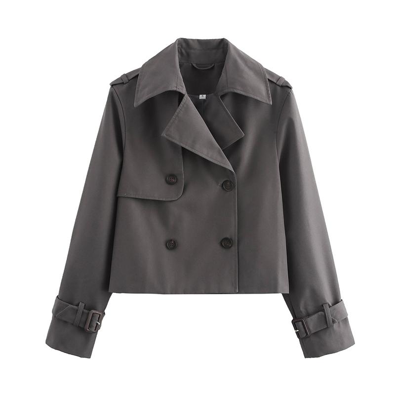 YENKYE New Autumn Women Solid Cropped Trench Coat Vintage Double Breasted Long Sleeve Short Jacket Lapel Collar Windbreaker