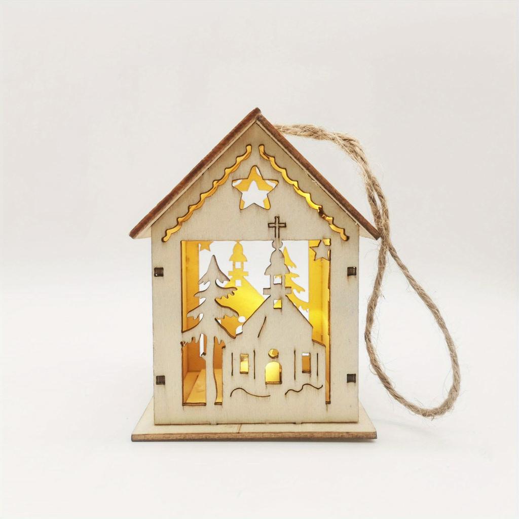 1PC Christmas Wooden Crafts Wooden Christmas Small House Cabin Lighting Ornaments Pendant Christmas Tree Decoration