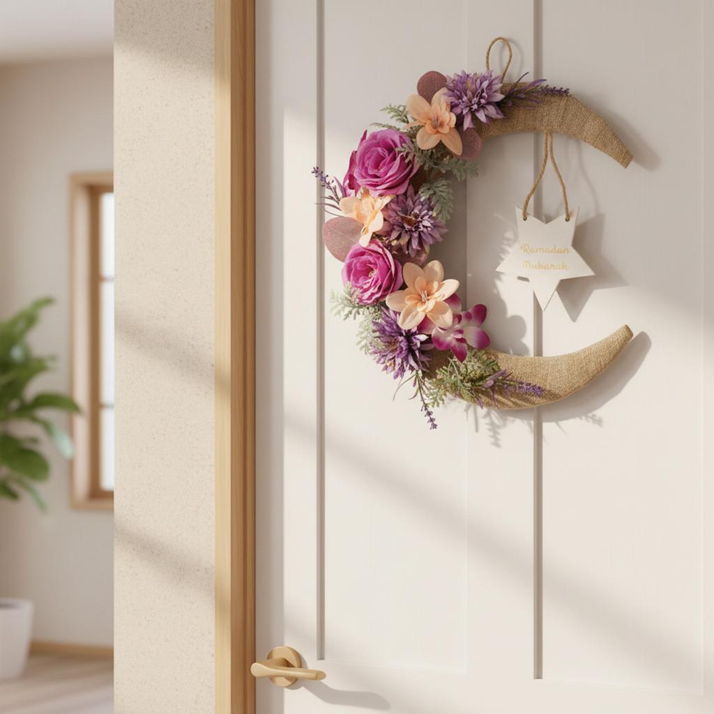 3D 37cm Moon-Shaped Artificial Flower Wreath Wall Hanging, Cross-Border Door Decoration, Festival Decoration, Front Door Hanging