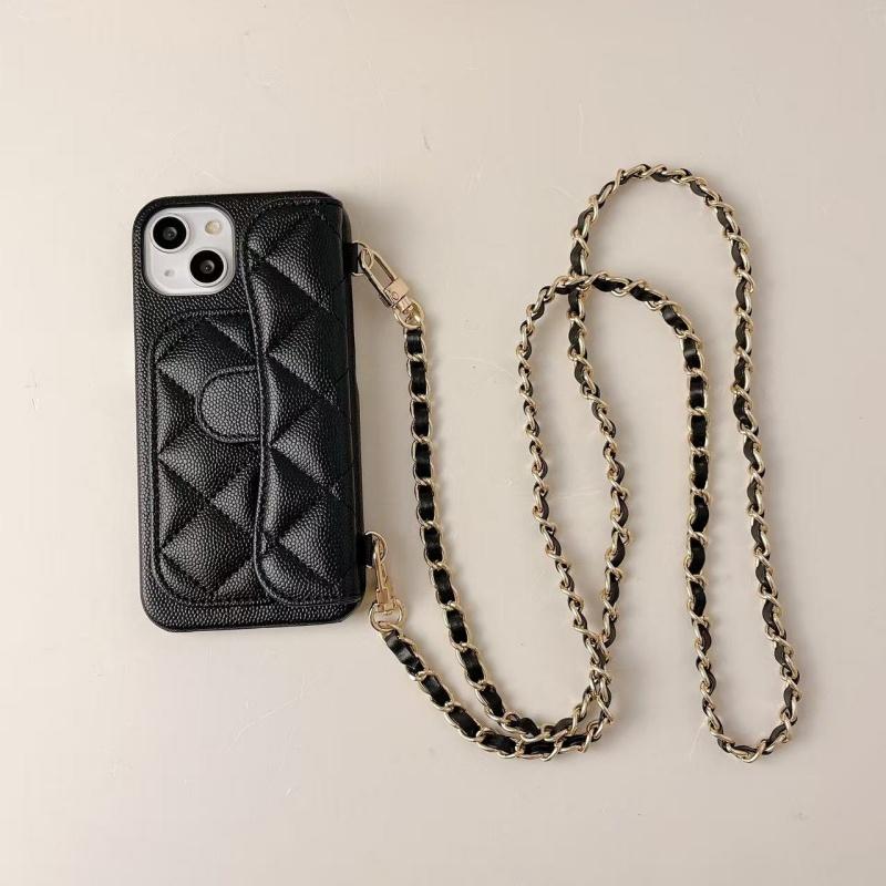 Luxurious Shockproof Crossbody Litchi Pattern Lanyard Back Cover for 17 Pro Max PC Mobile Phone Cases Card Slot Without Logo