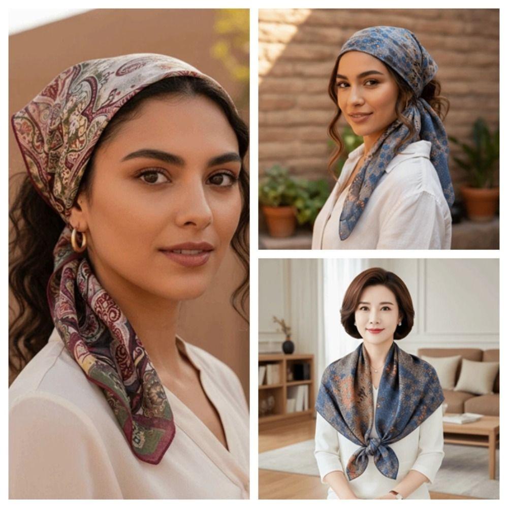 Breathable Double-sided Printed Silk Scarf Lightweight Retro Patterned Square Shawl Vacation