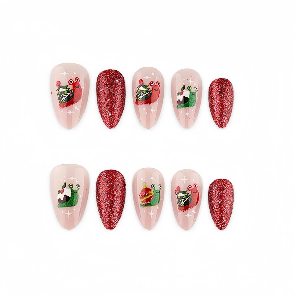 Christmas Burgundy Glitter Wear Nails Almond Nails Cute And Fun Christmas Snail Manicure Wear Nails