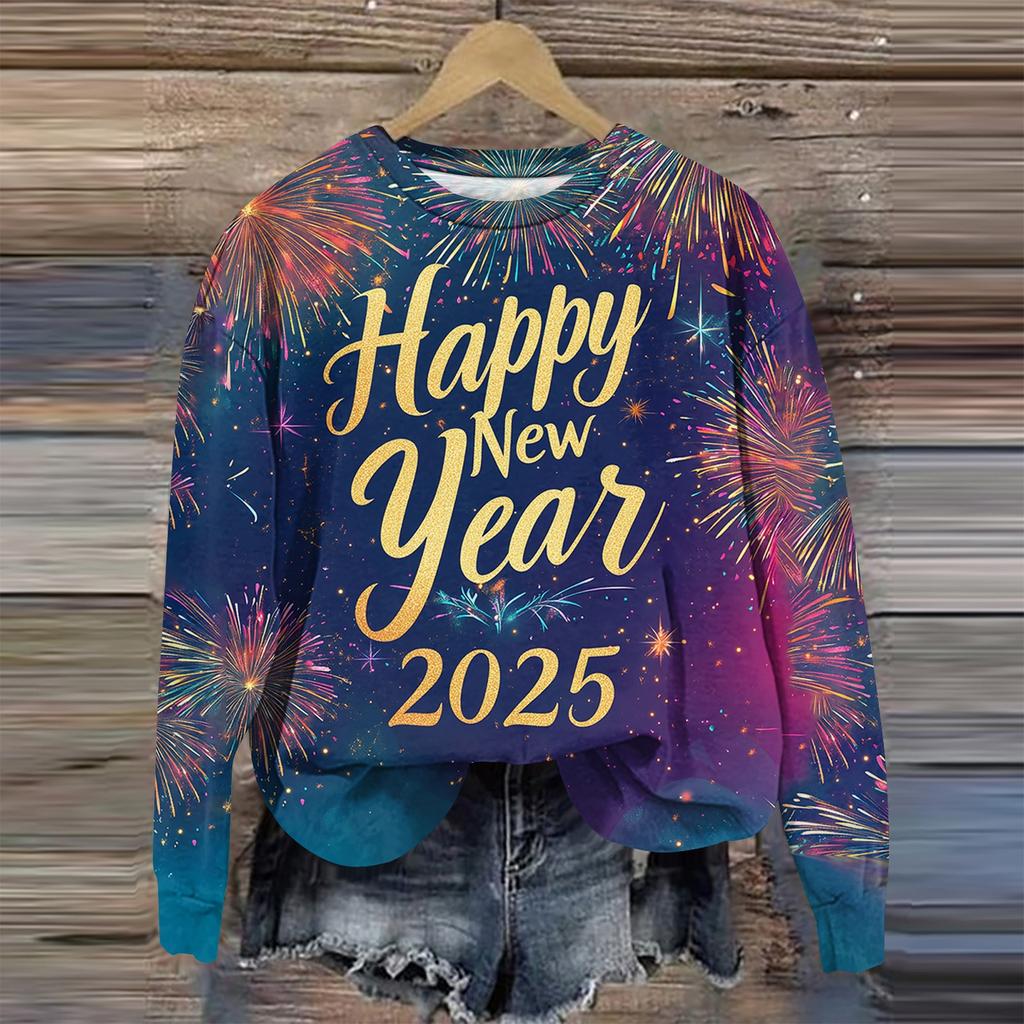 Женская мода круглый вырез пуловер длинный рукав футболка рождественский принт топ