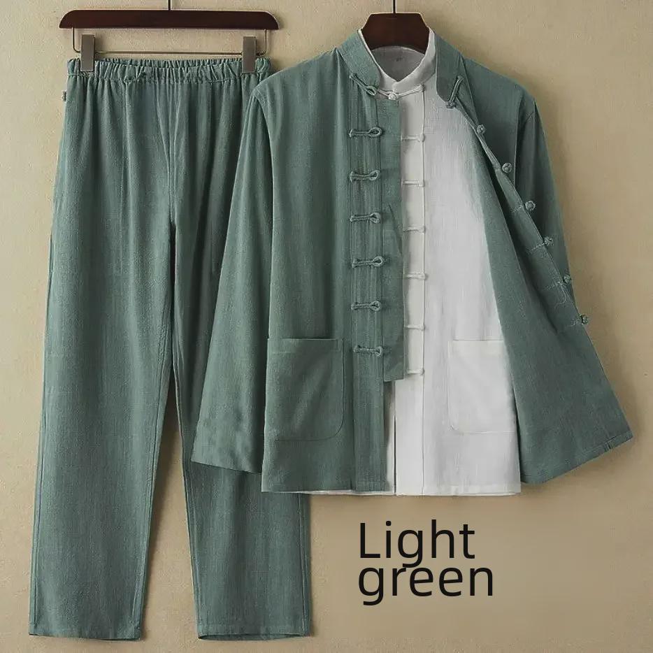 Мужской костюм Тан из хлопка и льна: Длинный рукав кардиган в китайском стиле Ханьфу из двух частей для людей среднего и пожилого возраста