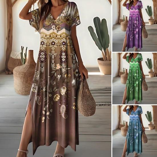 Women Summer Dress V Neck Colorful Print Side Split Loose A-line Short Sleeves Ankle Length Retro Ethnic Style Soft Beach Vacation Maxi Dress