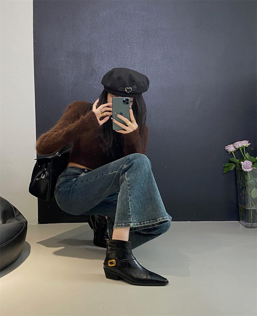 thick heel square head short boots women's boots large size 2025 autumn and winter new retro belt buckle versatile rear zipper fashion boots women