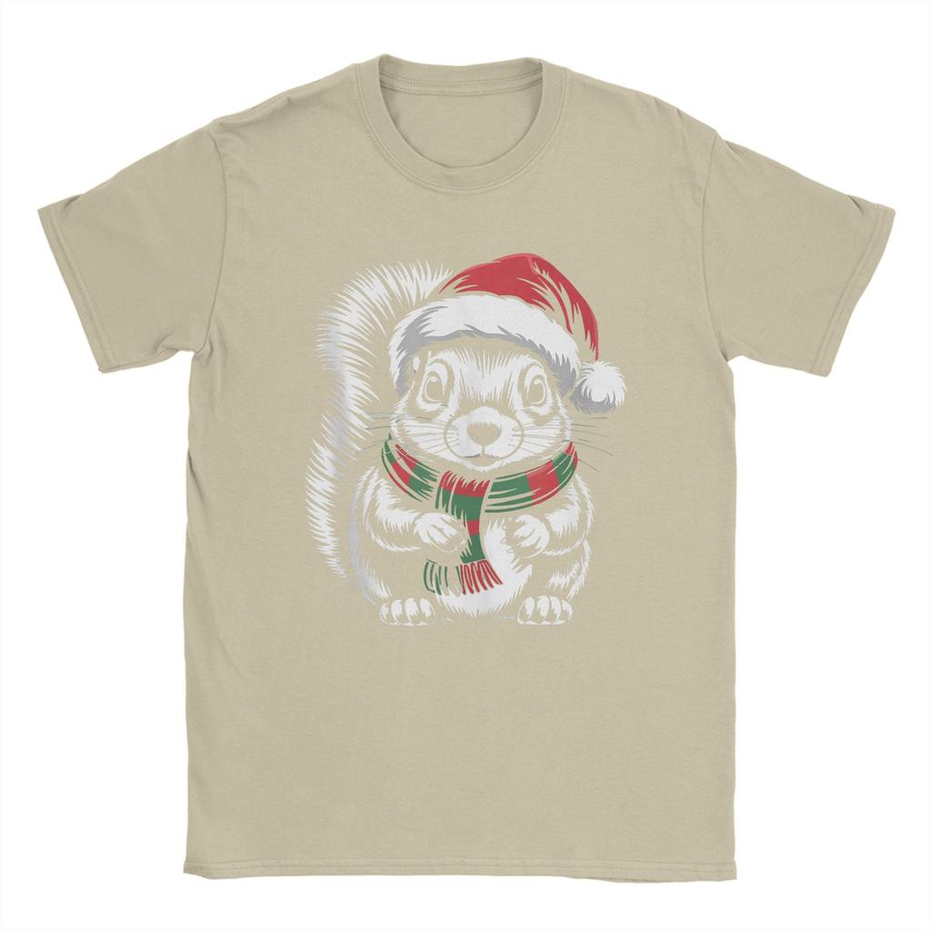 Leisure Squirrel Xmas Santa Hat Scarf Christmas T-Shirts for Men Crew Neck 100 Cotton T Shirts Short Sleeve Tees Plus Size Tops