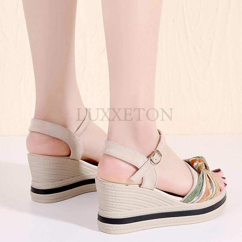 Women's Summer Wedge Sandals Fashion Platform Open Toe Bow Casual Shoes New Black Heightening Lightweight Beach Sandals