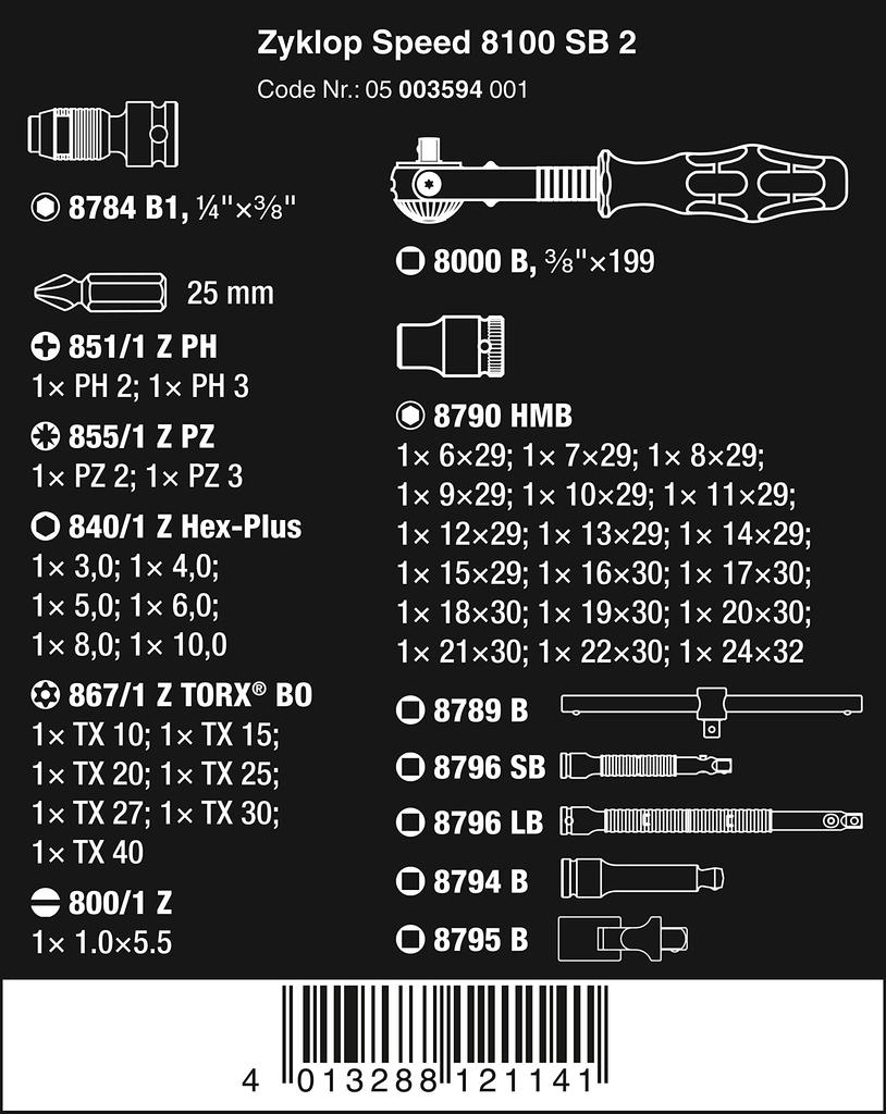 Wera 05003594001 8100 SB 2 Zyklop Speed Трещотка 43 предмета 3/8" Набор, мм,