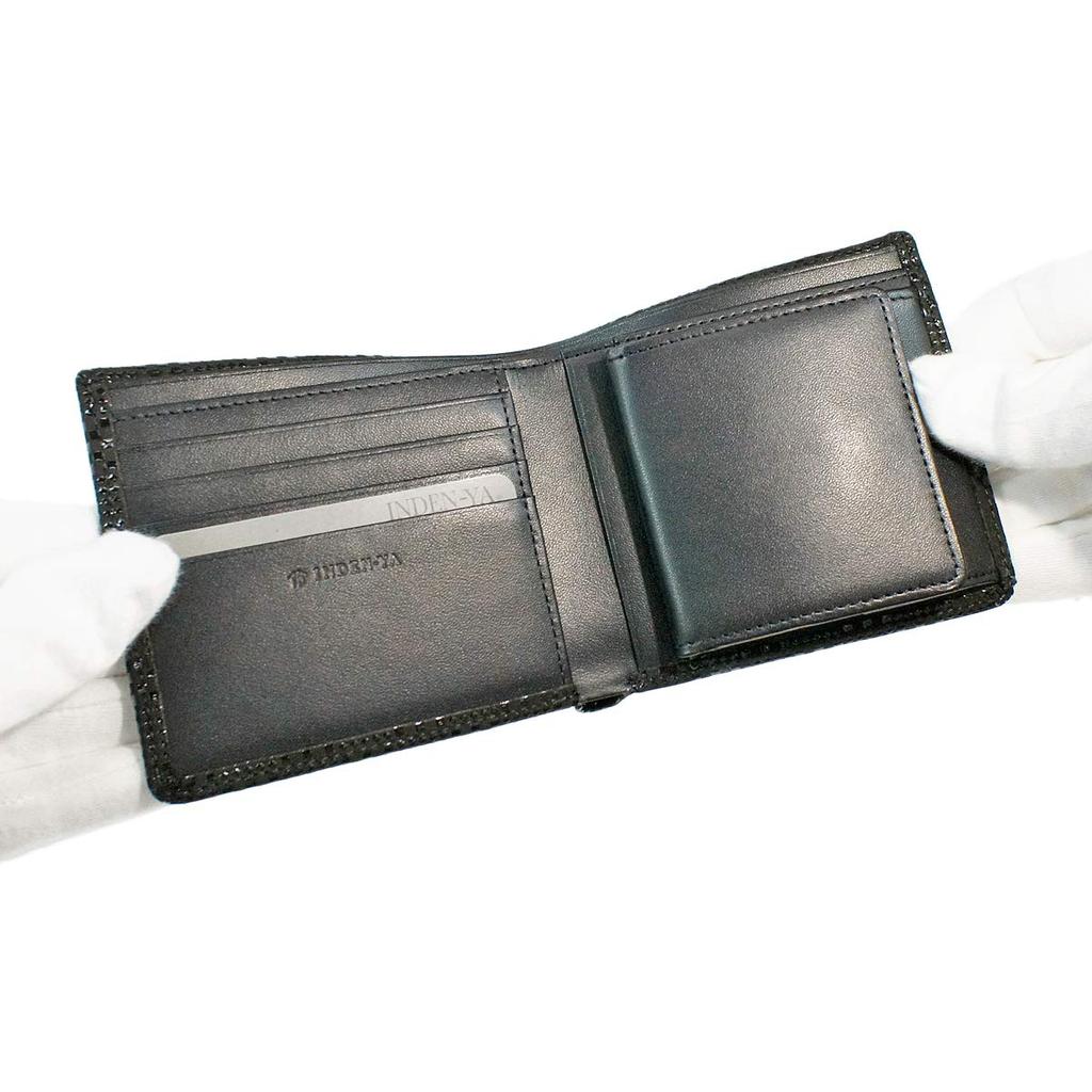 Inden Bifold Bill Compartment Box Type Coin Black Background X Black Small Checkered Pattern [Indenya] Wallet, S, Purse, Deerskin, Lacquer,