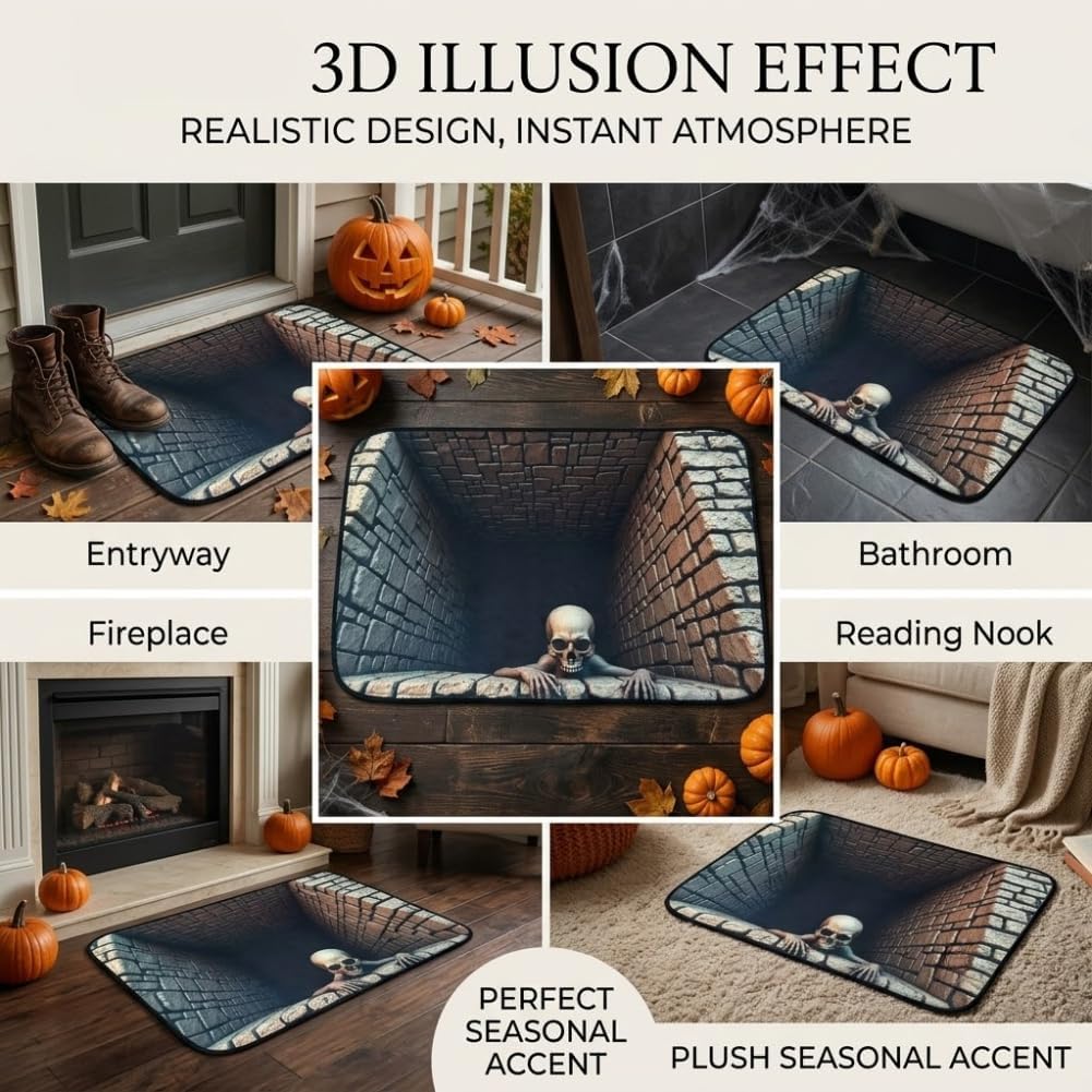 Halloween 3D Rug Spooky Skeleton Illusion Floor Mat For Home Decor Non-Slip Floor Skeleton Mat For Bedrooms Living Rooms Entryways And Parties