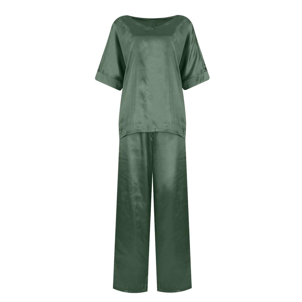 Женский свободный пуловер с v-образным вырезом, повседневный модный костюм с длинными брюками и короткими рукавами