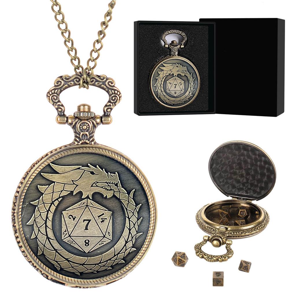 Bronze Pocket Watch with Smallest Metal Set Micro Dices Set Pocket Watch Case Suitable for Tabletop RPG and Board Games
