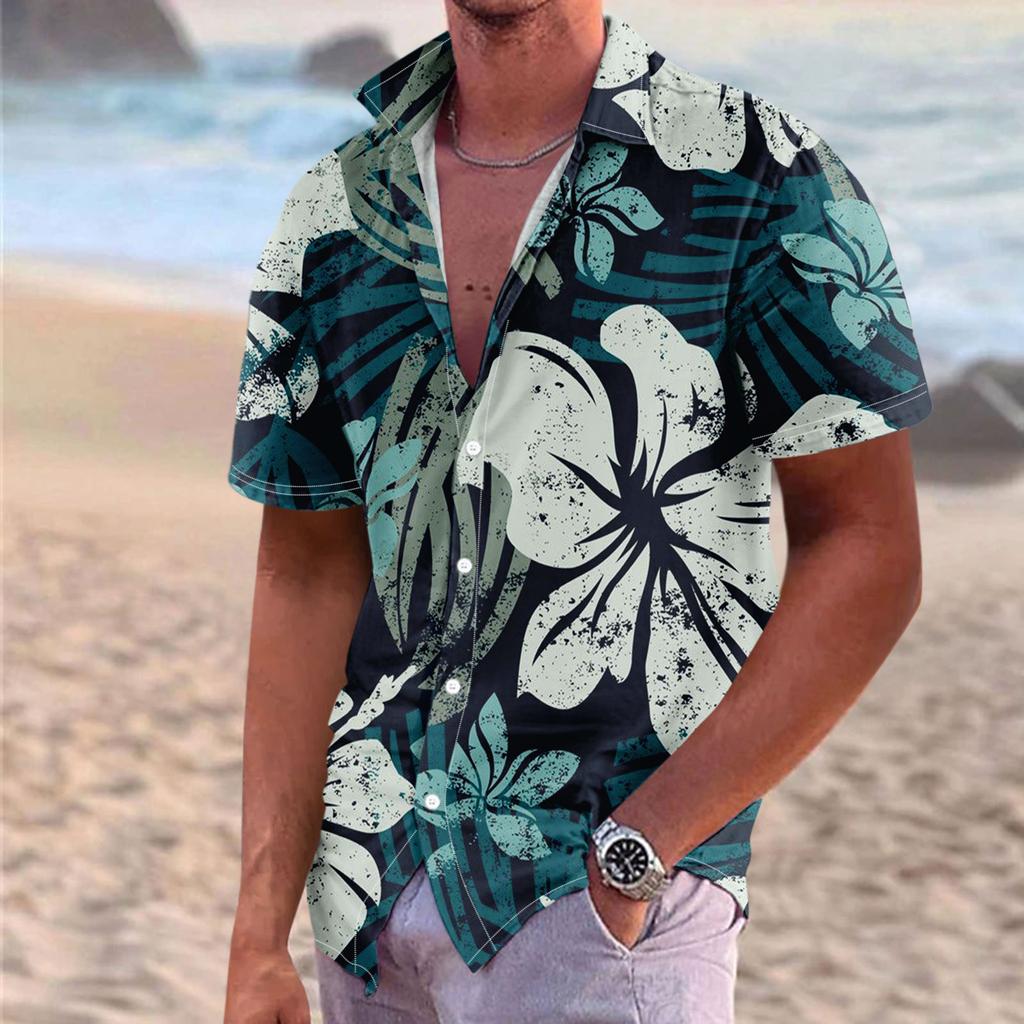 Men's Summer New Loose Print Short Sleeve Shirt Cardigan Beach Shirt
