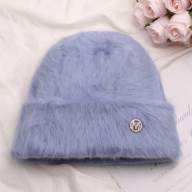 Fashion Rabbit Fur Beanies Women Soft Warm Fluffy Angola Winter Knitted Hat Female Plush Windproof Bonnet Skullies Cap
