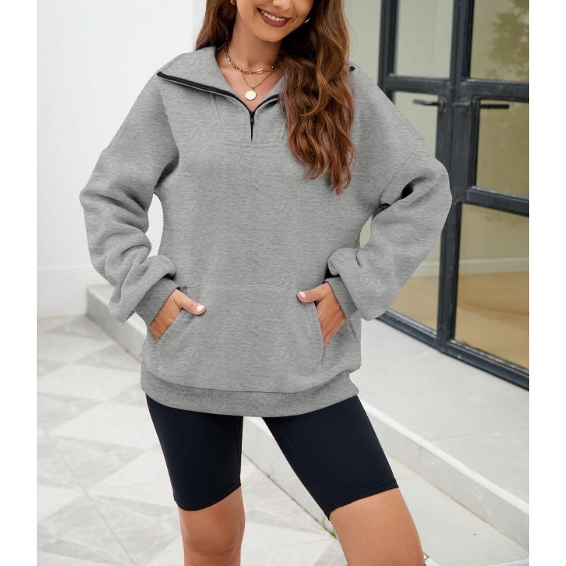 Осенне-зимняя однотонная женская свободная толстовка с воротником-стойкой на молнии