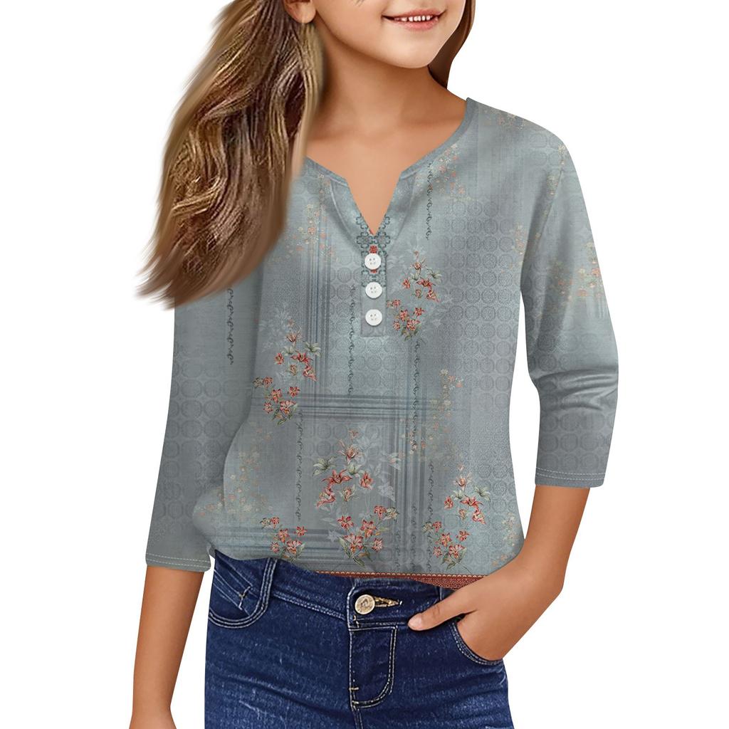 Повседневные модные топы для девочек с принтом, футболка с семью рукавами и пуговицами