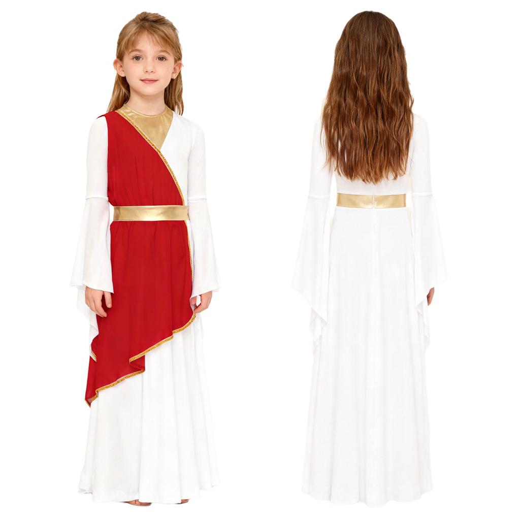 Halloween & Party Dress for Girls: Ancient Greek Princess Costume with Long Sleeves, Contrast Colors for Performance & Play