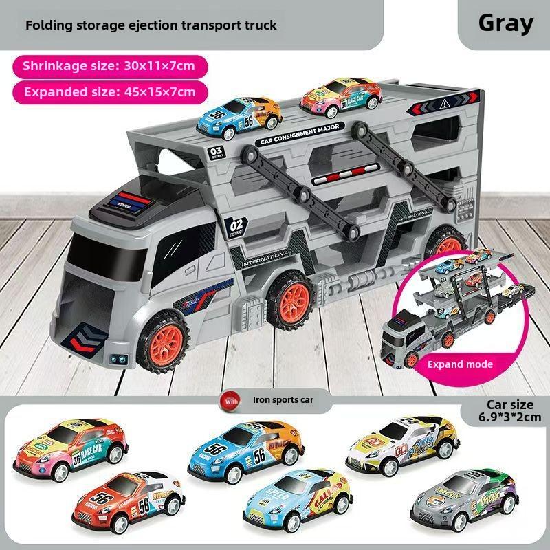 Детский автомобильный грузовик с 6 легкосплавными автомобилями, складной контейнер для хранения, игрушечный транспорт с выталкивающим рельсом для мальчиков 4-6 лет
