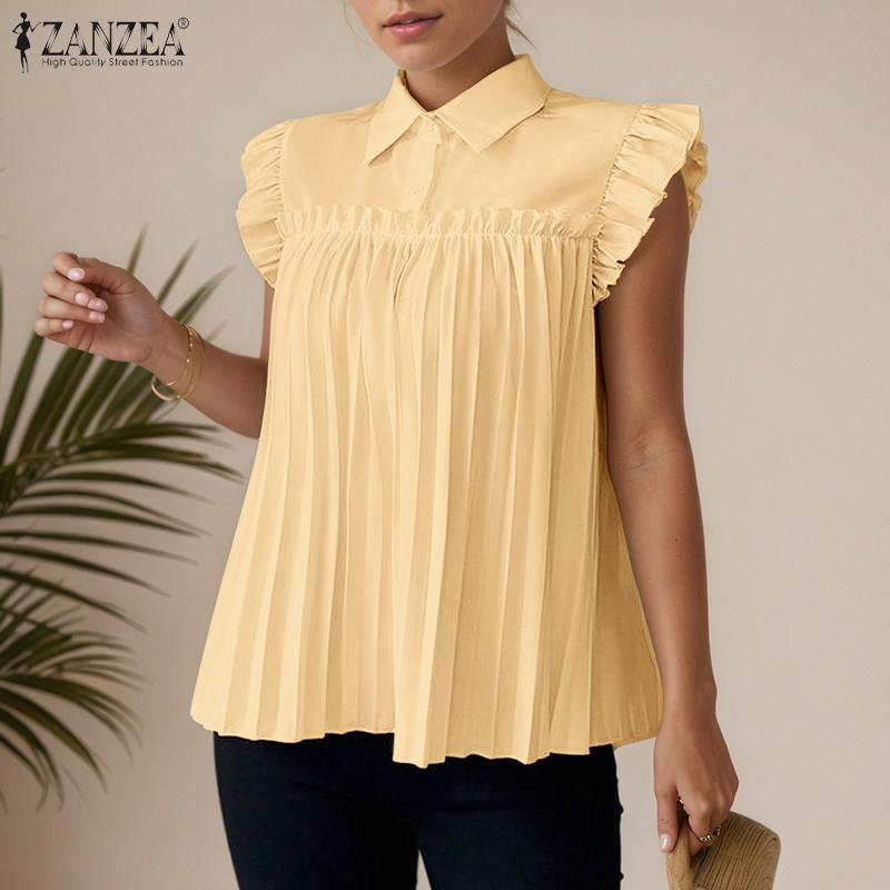 ZANZEA Women Casual Turn Down Collar Loose Summer Sleeveless Blouse