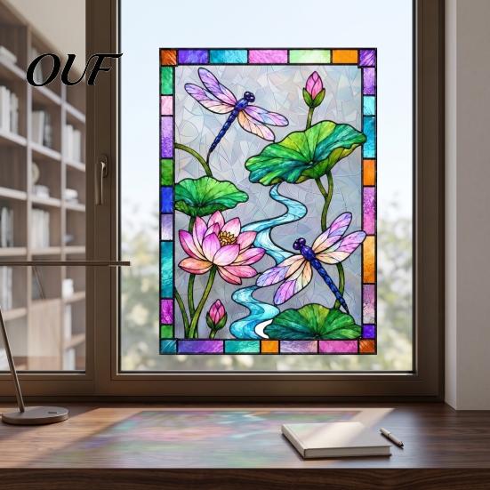 Sunlight Catcher for Windows Dragonfly Lotus Stained Glass Style Window Cling, Rainbow Suncatcher Static Pattern Film Decal, Privacy Home Door Balcony