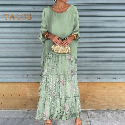 Вечернее платье с многослойным подолом в виде торта, контрастным цветным принтом, короткими рукавами, макси-платьем, рукавами «летучая мышь», мешковатым круглым вырезом, шифоновым платьем для выпускного вечера