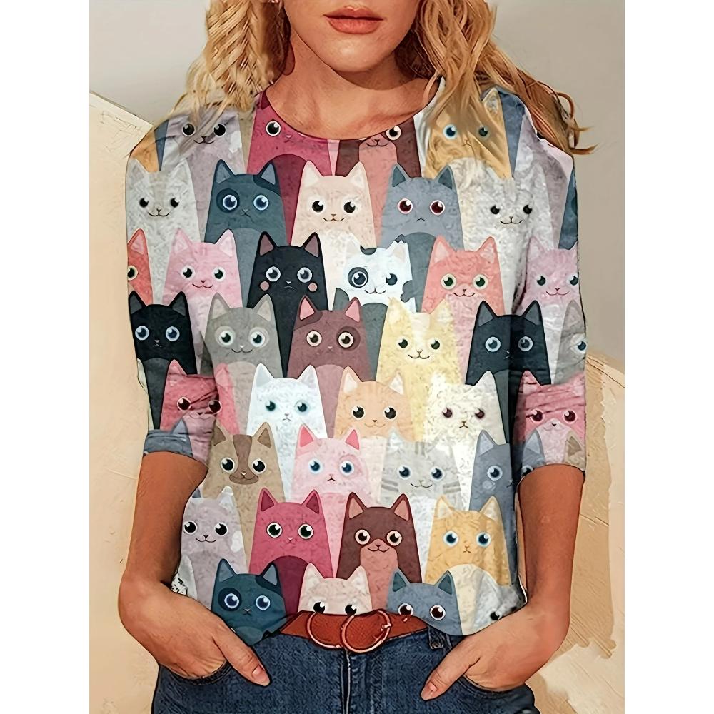 Женские модные топы Повседневная футболка с принтом 3D Cat Футболка со свободным рукавом и длинным рукавом с круглым вырезом Женская футболка Harajuku