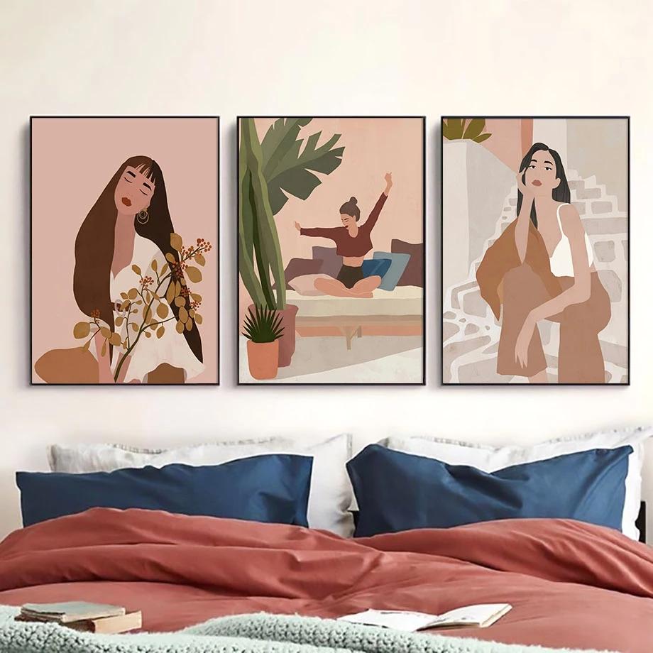 Рамка из цельного дерева, модная девушка с цветком, женщина, минималистичная настенная живопись на холсте, скандинавские украшения дома, постеры и принты, декор для гостиной