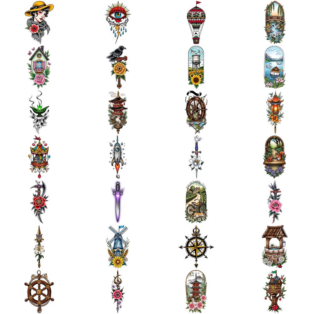 28 шт. Временные татуировки New School, Татуировки с традиционным пейзажем, Татуировки с черепом и пламенем, Татуировки с воздушным шаром для груди, Женские