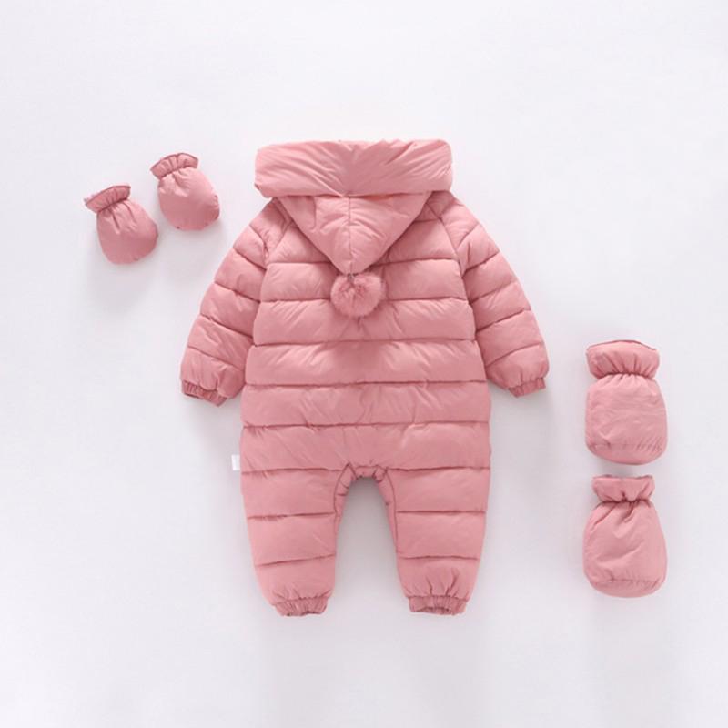 Зимний детский комбинезон с капюшоном, цельный комбинезон на молнии с помпоном, перчатки и чехлы для ножек для девочек и мальчиков