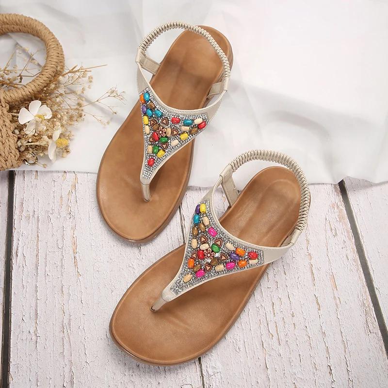 Retro Bohemian Flat Heels Sandals for Women Summer Rhinestone Beads Clip Toe Sandals Woman Lightweight Beach Flip Flops