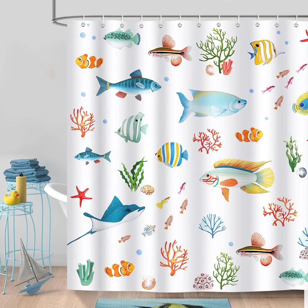 Whale Ocean Blue Kids Cartoon Undersea Theme Waterproof Washable Polyester Shower Curtain 180 X 180Cm With 12 Hooks