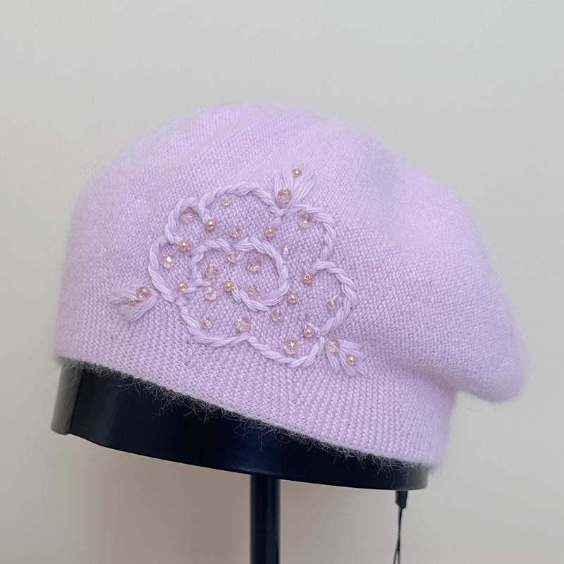 Кроличий пух Жемчужный вязаный берет Женская осенне-зимняя шляпа художника Теплая шерстяная шапка Зимние шапки для женщин, Шапки-бини для женщин, Зимние шляпы для женщин