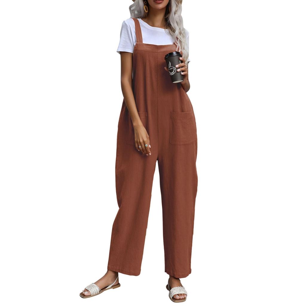 Женская мода, летние брюки-комбинезон из хлопка и льна, свободный повседневный комбинезон с карманами