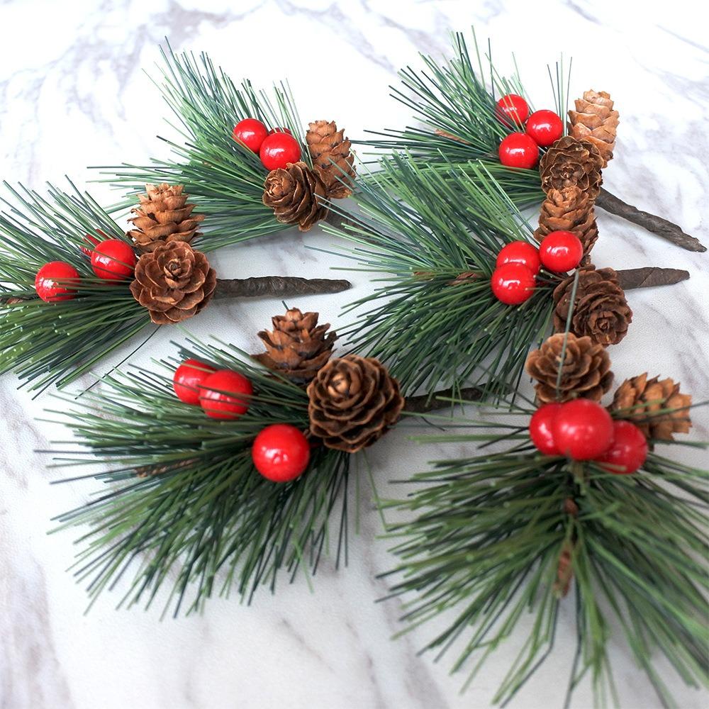 Christmas Pine Picks Artificial Red Berries Branches with Pinecone Stem for DIY Wreath Navidad Party Decor Supplies