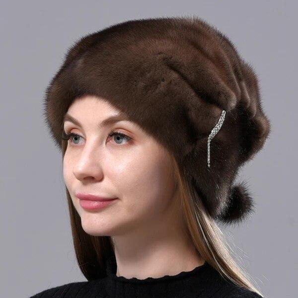 Fur Hats Women Winter Stylish Warm Natural Mink Fur Luxury Caps Windproof Anti Cold Snow Ball Diamond Hat