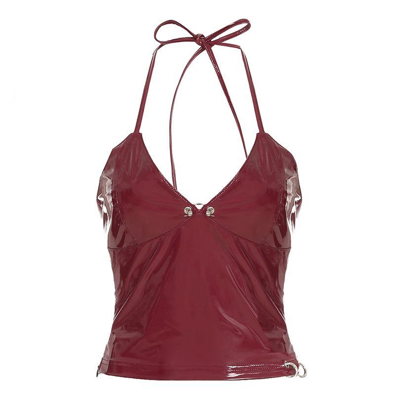 High Street Sexy Babes Chic Beauty Back Camisoles American Style PU Glossy Backless Cropped Trim Tops Fashion V-neck Red Vest