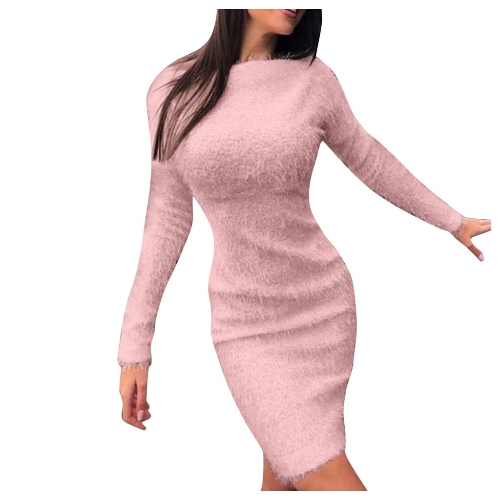 Winter Plush Warm Sweater Dress Women Long Sleeve Round Neck Dresses Party Bodycon Mini Dress