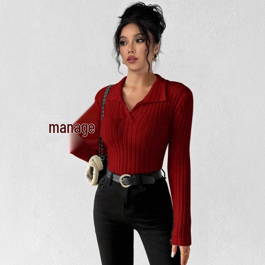 Женская однотонная приталенная футболка с V-образным вырезом и длинными рукавами в рубчик, осень-зима 2025.