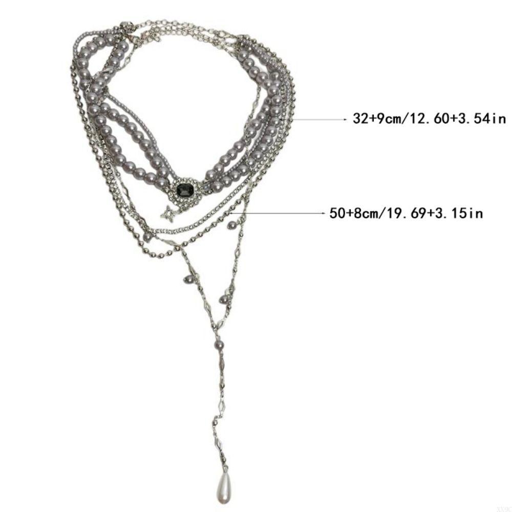 Crystal Inlaid Multi-Layer Pearls Necklace Multilayer Stacked Cross Clavicle Chain  Girls