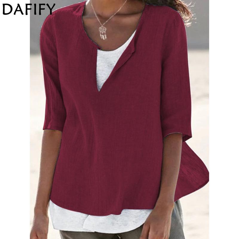 DAFIFY Женские модные повседневные летние весенние однотонные блузки и рубашки с круглым вырезом и рукавами 1/2 с принтом
