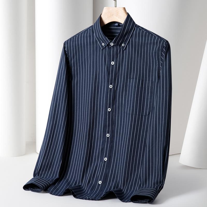 100% Cotton Striped Shirt Soft Comfortable Long Sleeve Business Men Office Casual Shirt with Pocket Slim Fit