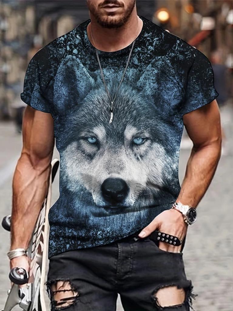 Fashion Men's Round Neck Short Sleeve T-shirt 3D Printed Colorful Hidden Wolf Tee Men's Casual Sport Short Sleeve Streetwear Top