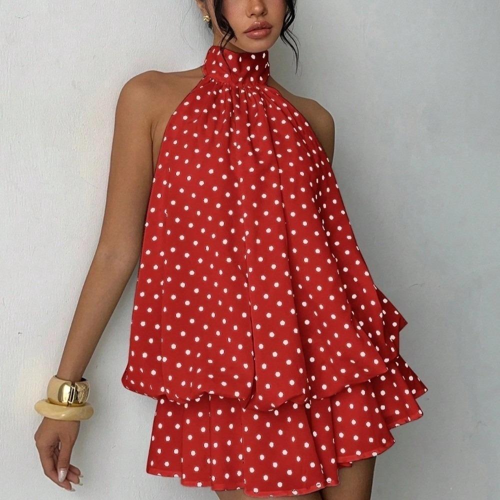 Sleeveless A Line Halter Dress Off Shoulder Chiffon Dress Elegant Polka Dot Dress Holiday