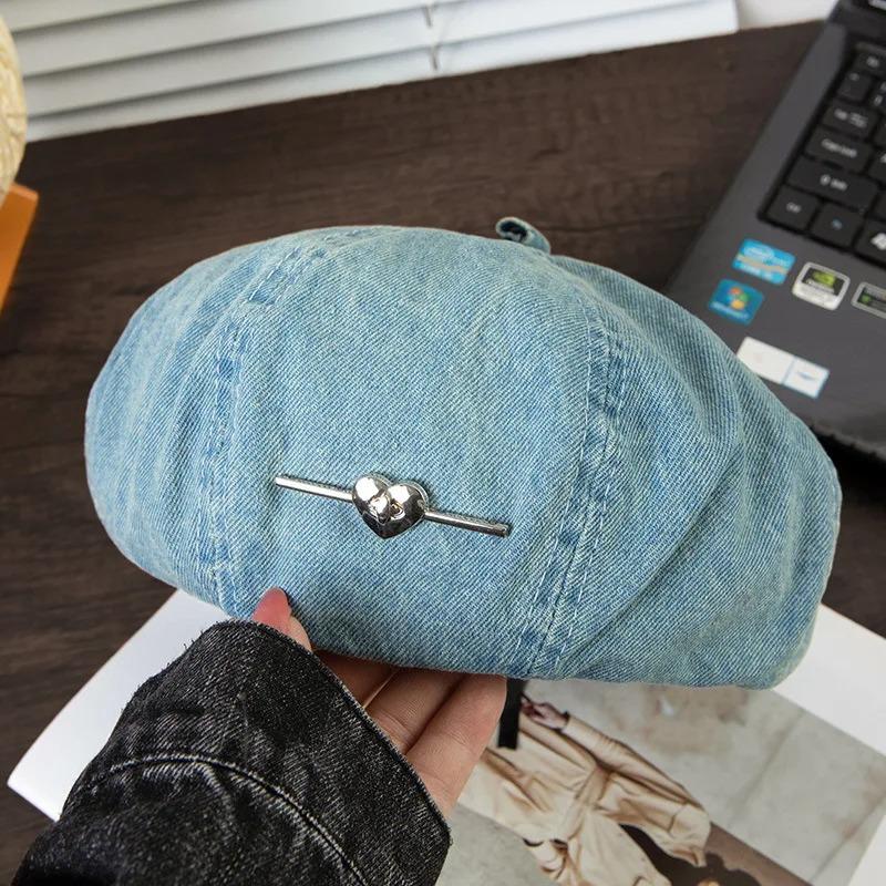 Love Metal Sign Cowboy Berets for Women Blue Denim Washed Cotton Octagonal Painter Hat Korean Casual Versatile Retro Newsboy Cap Vintage Painter Hats