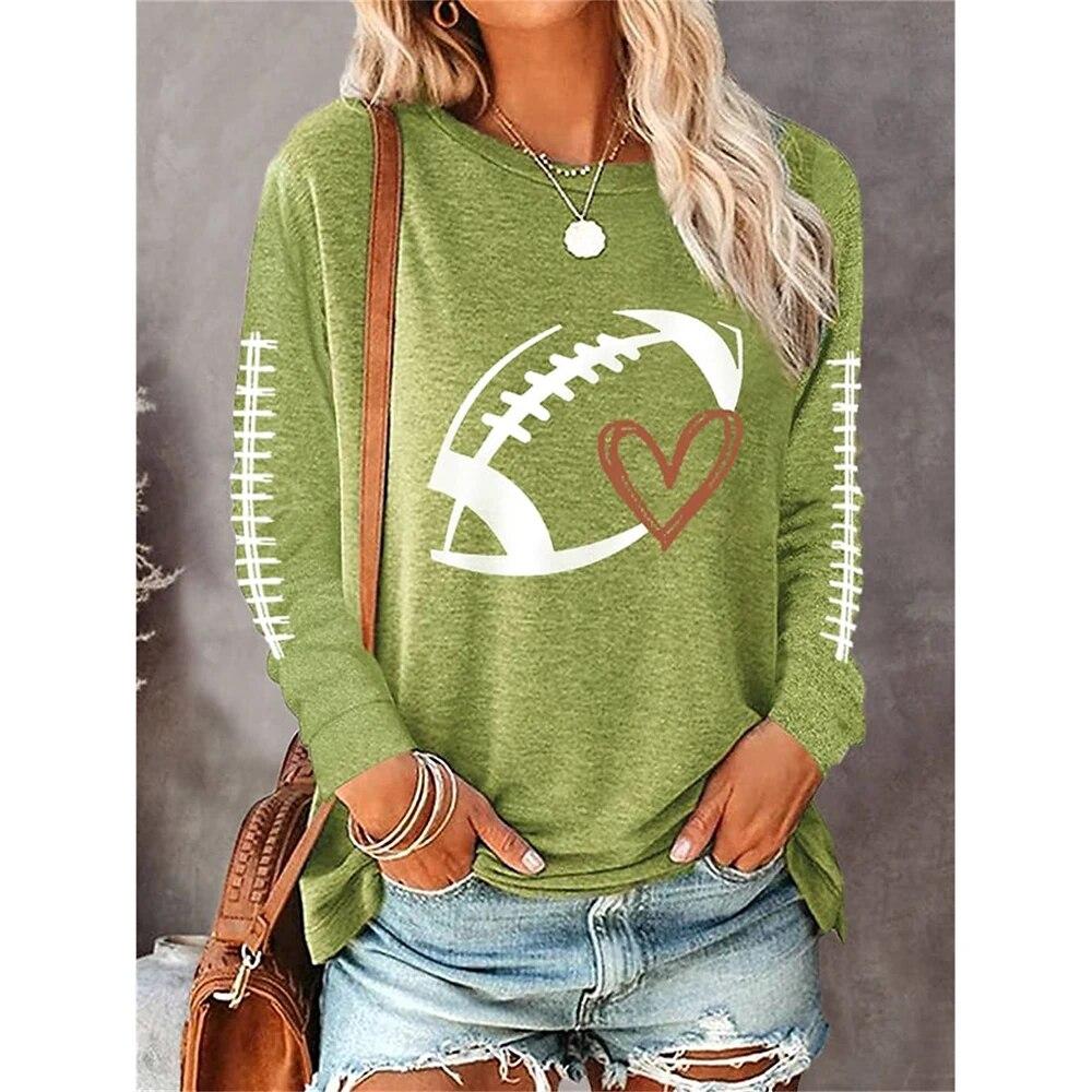 American Football Print Long Sleeve Tops Women Fashion Casual Tees Loose O-Neck T-Shirt Game Day Ladies Clothing