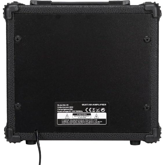 Усилитель для электрогитары, усилитель мощностью 20 Вт со встроенным динамиком 6,5 дюйма, разъемом для наушников и дополнительным входным разъемом. Регуляторы басов, громкости, высоких частот и усиления.