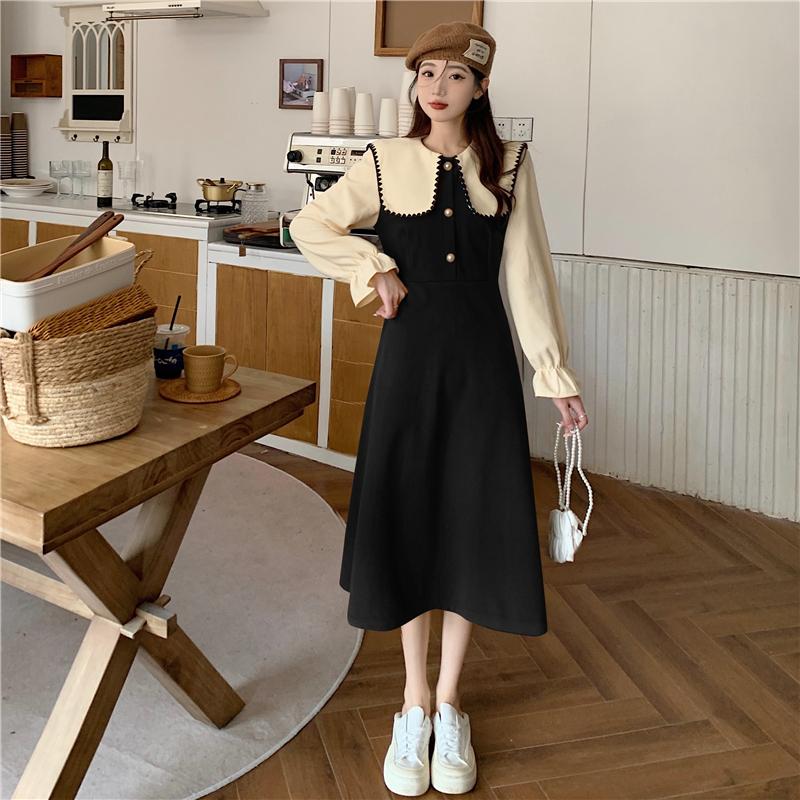 Осень-зима утолщенный вельветовый трапециевидный силуэт Платье для женщин повседневное свободное с длинным рукавом Женские платья с воротником Питер Пэн До середины икры vestidos